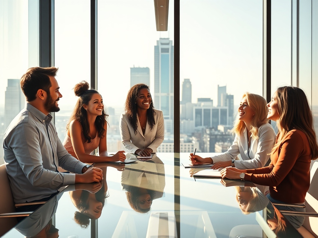 Diverse team of five around a glass table in a sunlit boardroom with city skyline view, laughing and collaborating, warm lighting, modern interior, photorealistic 8k commercial photography.