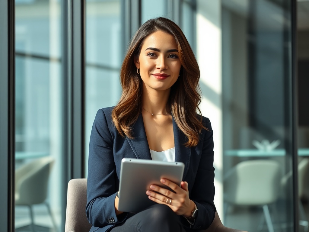 Female executive in a navy blazer, sitting in a glass-walled conference room, natural light, holding a tablet, slight smile, modern interior, photorealistic 8k.