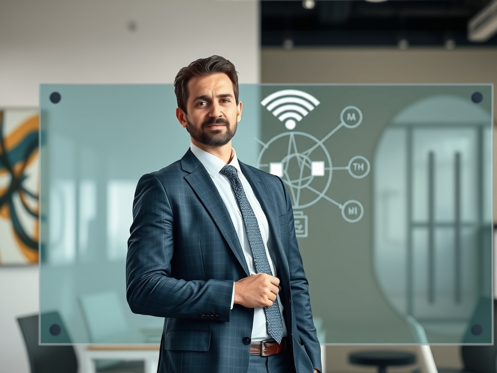 Male executive in a tailored suit, standing in front of a glass whiteboard with Wi-Fi network diagram, modern office with abstract art, sharp focus, photorealistic 8k.