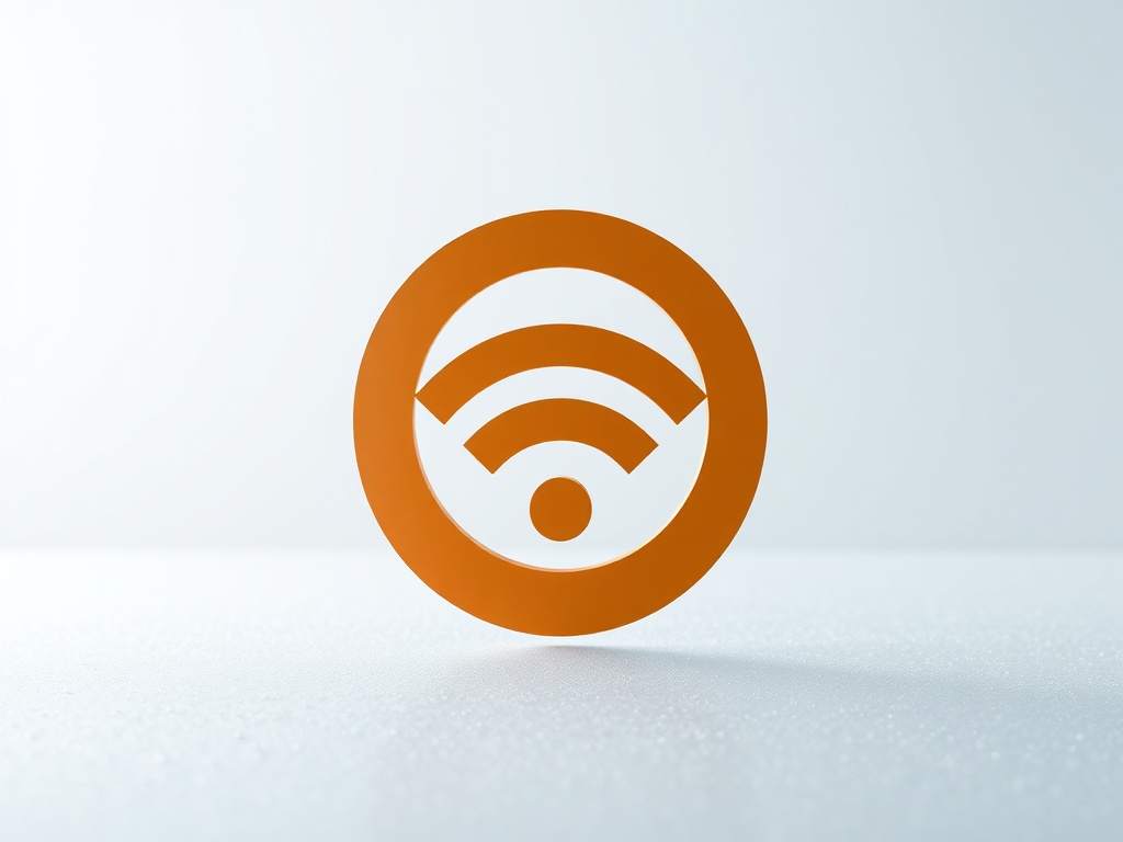 Minimalist geometric logo: interlocking circles forming a Wi-Fi signal, matte finish, on a frosty glass surface, soft studio lighting, photorealistic 8k product photography.