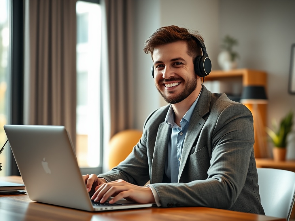Mid-shot of a smiling 30s man in a casual blazer, sitting at a wooden desk with a laptop and headphones, soft window light on face, modern home office background, photorealistic 8k.