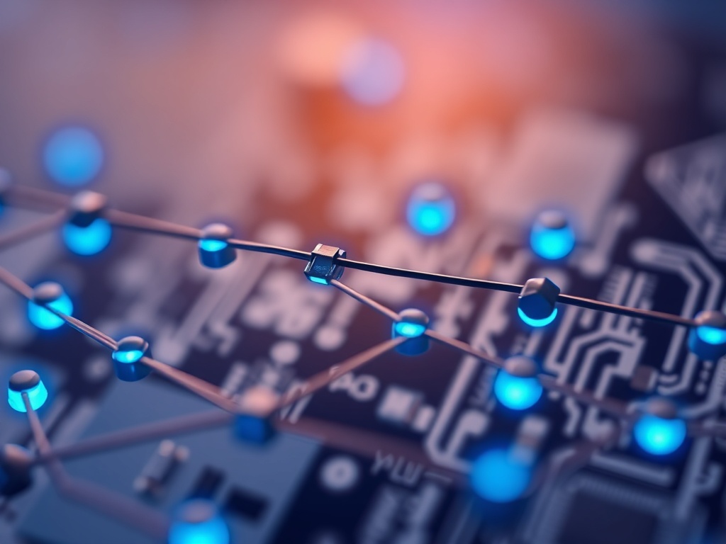 Abstract close-up of a mesh network node with glowing blue LEDs, blurred circuit board patterns in the background, high-tech aesthetic, shallow depth of field, photorealistic 8k.